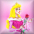Pixelated character with long yellow hair in a pink dress holding a red rose against a pink background.