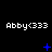 Pixelated text 'Abby<333' repeated three times per on black background with blue animated symbols changing across frames