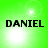 Green background with four displaying the name 'DANIEL' in black text and white light effects that shift position across frames