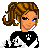 Pixel art cheerleader character with brown ponytail, blue eyes, black and white uniform, and black-and-white pom-poms, shown in three poses with text "cheer babe" in pink and white.