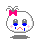 Pixelated character with white face, pink bow, gray antennae, blue eyes, and red mouth showing sadness.