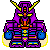 Pixel art of a purple armored figure with yellow horns, blue shoulder pads, and orange chest accents against gray background.