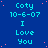 Blue background with cyan text reading 'Coty 10-6-07 I Love You' repeated in a pattern, scattered pink dots