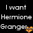 Pixelated text on black background with two orange heart icons, reading 'I want Hermione Granger and a rocket ship!!!'