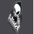 Pixelated grayscale icon of a skeletal figure with hollow eye sockets and a dark bow tie, set against a solid gray background.