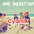 A static image of a beach scene with five people, overlaid with red text reading "Gyamik" and "One Direction" on separate sections.
