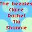 Red text on blue background with light green circles; repeated names 'The bezzies', 'Claire', 'Rachel', 'Tia', 'Shannie' in two identical vertical