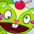 Pixelated green cartoon character with large eyes, red nose, and cherry on head against light gray background.