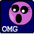 A 4x3 contact sheet of a purple cartoon face emoji with varying eye expressions and open mouth, each labeled "OMG" on dark blue background.