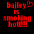 Red pixelated text on black background reads 'bailey is smoking hot!!!' with a heart symbol next to 'bailey' in the first frame.
