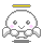 Pixel art angel icon with four distinct expressions and poses, each featuring a white rounded head, pink cheeks, small wings, and yellow halo against gray background.