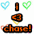 A static image of a containing heart-shaped outlines in multiple colors and text elements including 'i', '<3', and 'chase!' with pixelated orange lettering