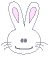 Pixelated white rabbit head with pink inner ears, two distinct eye states, and a smiling mouth on gray background.