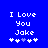 Blue background with white pixelated text reading "I Love You Jake" and five star-like symbols below, where the third symbol is light purple.