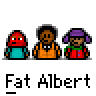 Animated contact sheet of Fat Albert cartoon character in multiple pixelated frames showing different expressions and animation states with text labels below each frame.