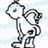 Pixelated black-and-white icon of a stylized figure holding a large circular object with spiral detail, set against light blue and white background.