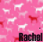 Pink background with repeating white and red dog silhouettes; black text 'Rachel' appears in multiple , each showing sequential animation frames of the name's appearance