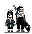 Pixel art contact sheet of two anime-style characters in a 3x3 grid showing animation frames with subtle pose changes.