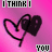 A pink gradient background with repeated black outlined heart shapes and alternating text reading "I THINK I" and "YOU" in gray boxes.