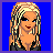 Pixelated character with blonde hair, blue eyes, red lips, wearing black top and pants with white accents on blue background.