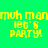Four quadrants display pixelated yellow text 'muh mamuh man let's PARTY!' on green, teal, blue, and cyan backgrounds.