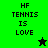 Green and black pixelated icon with 'HF TENNIS IS LOVE' text and two star symbols changing color between frames.