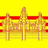 Pixelated yellow background with red horizontal stripes and three stylized figures in brown tones holding objects.