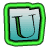 A green-bordered square icon with a blue gradient background containing a stylized letter U, surrounded by scattered pixelated gray text fragments on the right side of the frame.