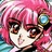 Pixelated image of a character with pink hair and large eyes, wearing a dark headband with a blue gem, against a multicolored background.