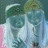 Two figures in white attire with green head coverings stand side-by-side against a gradient background transitioning from pink to blue.