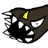 Pixelated dark brown creature head with yellow eye, white teeth, and black mouth interior against white background.
