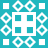 Pixelated teal background with white geometric shapes: four corner squares, eight diamond-shaped rings, and a central 2x2 grid of teal squares within a white frame.