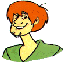 Pixelated cartoon character with orange hair and green shirt against gray background, static single-frame image.
