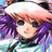 Pixelated anime-style icon of a character with purple hair and light skin, wearing a white headband or hat against a gradient background.