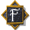 A diamond-shaped icon with a golden frame and dark blue textured background displays a white stylized 'F' letter, showing animation changes