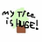 Pixelated tree icon with text 'my tree is huge!' on white background, surrounded by red border with green text 'CHARLIE WHY DID YOU GET THE LITTLE TREE!!!'