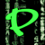Green neon-style symbols on a black background with vertical green pixelated lines, featuring 'P', 'O', and 'D' characters.