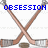 Pixelated image shows crossed hockey sticks with blue text 'OBSESSION' above them on a white background.