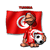 Static pixelated icon of a person in red sports attire holding a soccer ball, standing before a large red flag with white crescent and star symbol.