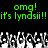 Green pixelated text 'omg! it's lyndsii!!' repeated twice on black background above grayscale crowd of raised hands.