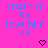 Pixelated text and symbols on a bright pink background with two heart icons at the bottom.