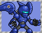 Blue armored figure with glowing cyan eyes, holding a large blue weapon with yellow and black symbol on its side.