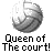 A pixelated volleyball icon with text reading 'Queen of The court!' and 'Instant Icons .com' on a gray background.