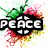 Four pixelated icons arranged in a , each featuring a central peace symbol with text above it, surrounded by colorful splatter effects