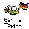 Pixel art contact sheet showing two frames of a German-themed animated buddy icon with stick figure holding beer mug and flag, plus red text branding.