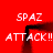 Red background with repeated white text "SPAZ" and "ATTACK!!" surrounding a black rectangular outline with dark red gradient fill.