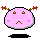 Pixelated pink blob with brown eyes and mouth, red-tipped antlers, black shadow on gray background; four variations show subtle expression changes.