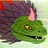 Green reptilian creature with yellow eye, pink horn, and dark mouth, set against blurred purple and red background.