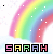 A rainbow arch with white dots on a light background, below which the name 'SARAH' appears in colored block letters.