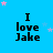 Blue background with repeated text "I love Jake" in black pixelated font, scattered pink and light blue stars.